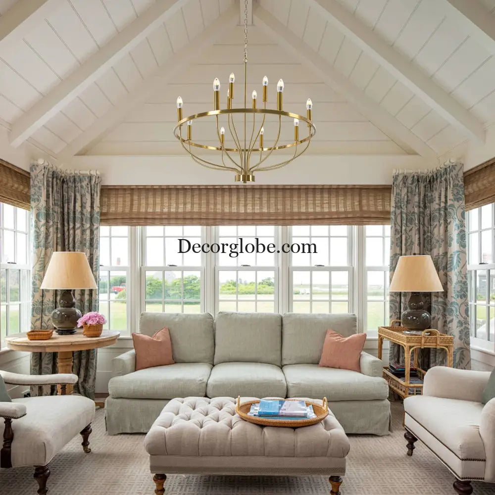 60W Rustic Candle-Style Round Chandelier for Dining Room and Café Gold Chandelier