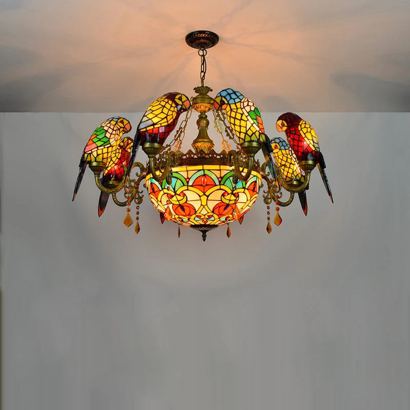 Art Deco Tiffany style Parrot Stained Glass Chandelier