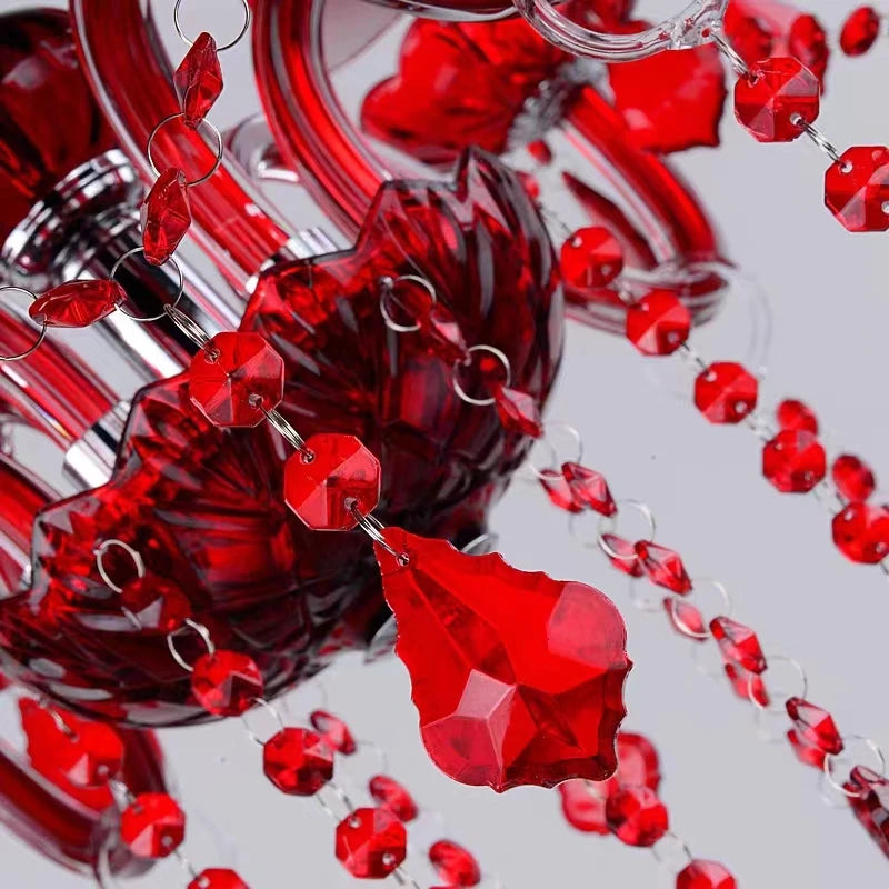 Roter Kristall-Kronleuchter mit Glasschirmen, 6 oder 8-flammig