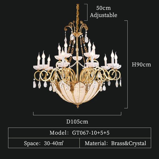 European Crystal Candle Brass Chandelier