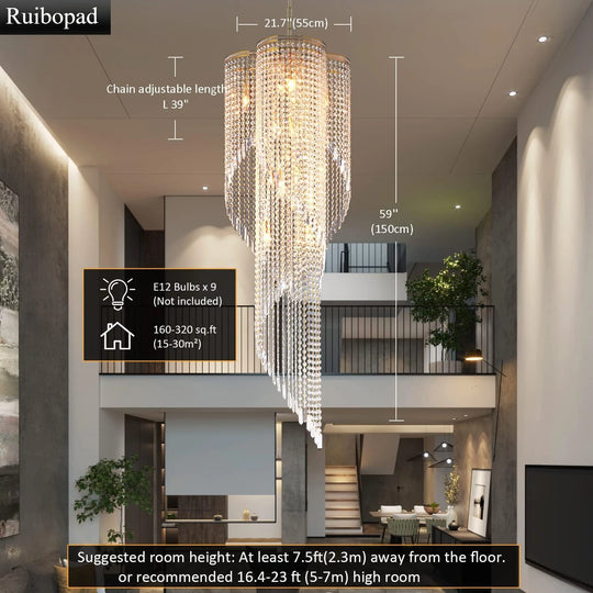 Large Spiral Crystal Beaded Chandelier – 9-Light Gold Luxury Pendant