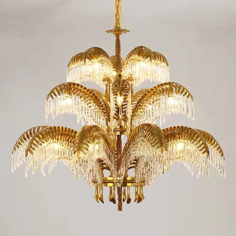 French Palm Leaf Copper Crystal Chandelier – Luxury Pendant Light