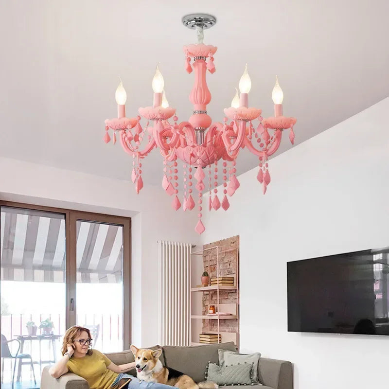 SANDYHA Pink Macaron LED-Kristall-Kronleuchter, moderne und stilvolle Hängeleuchte für Schlafzimmer, Wohnzimmer, Kinderzimmer, Arbeitszimmer, elegante Wohndekoration