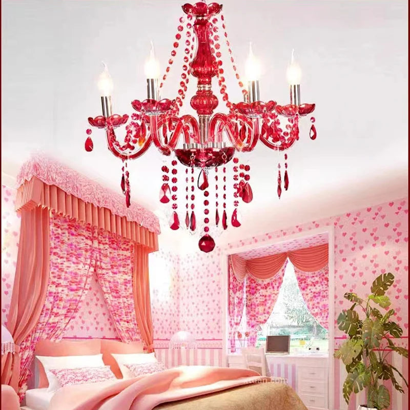 Roter Kristall-Kronleuchter mit Glasschirmen, 6 oder 8-flammig