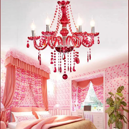 Roter Kristall-Kronleuchter mit Glasschirmen, 6 oder 8-flammig