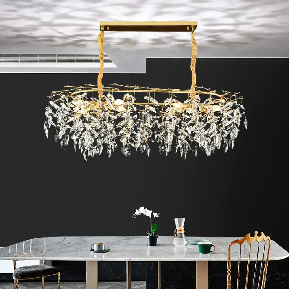 Elegant Long Gold K9 Crystal Chandelier - Ideal for Kitchen, Dining Room, Bedroom, and Living Room Ceiling Lighting, Featuring Branch-Style Chandeliers - DecorGlobe