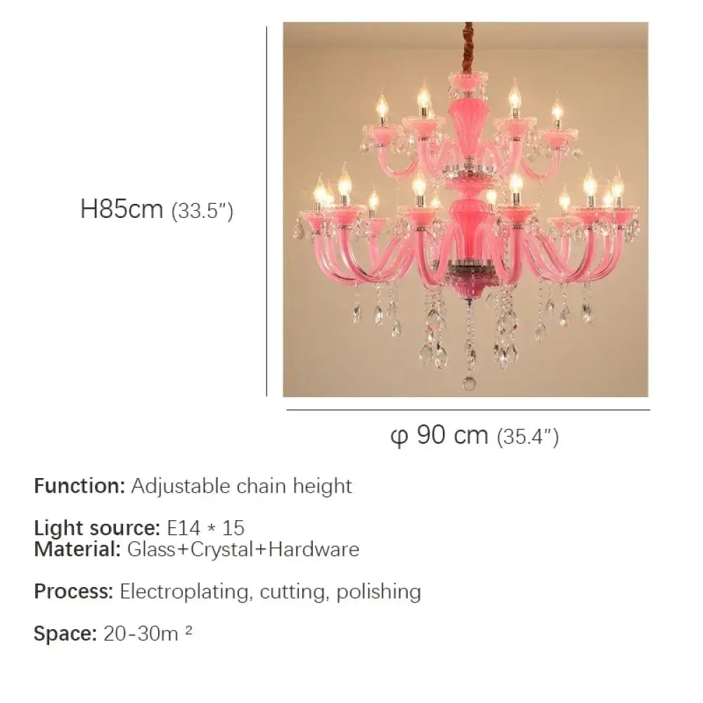 Art Candle Pink Crystal - Pendant Chandelier for Bedroom | Girls’ Room Children’s Room Living Room Restaurant 15 Lights