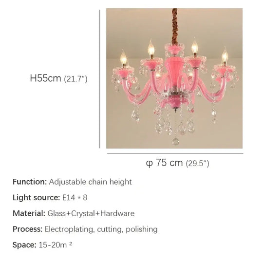 Art Candle Pink Crystal - Pendant Chandelier for Bedroom | Girls’ Room Children’s Room Living Room Restaurant 8 Lights