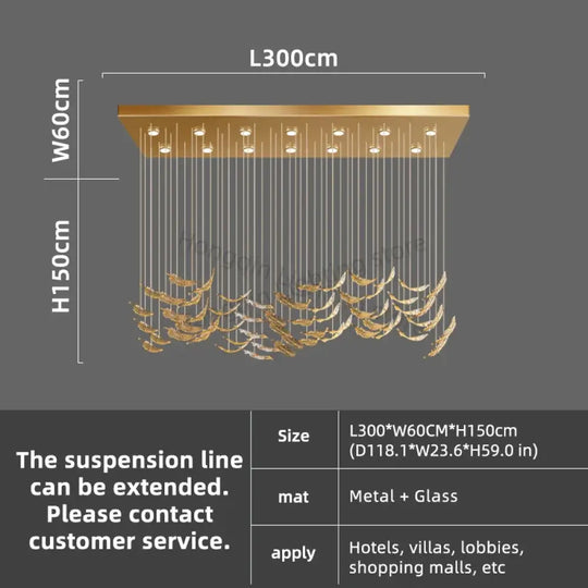 Aurelio Luxury Duplex Hotel Lobby Glass Stone LED Chandelier L300CM / warm light 3000k Chandelier
