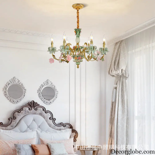 French Pastoral Crystal Ceramic Copper Chandelier