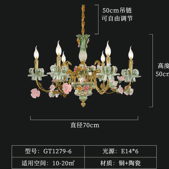French Pastoral Crystal Ceramic Copper Chandelier 6 heads (diameter 70cm, height 50cm)