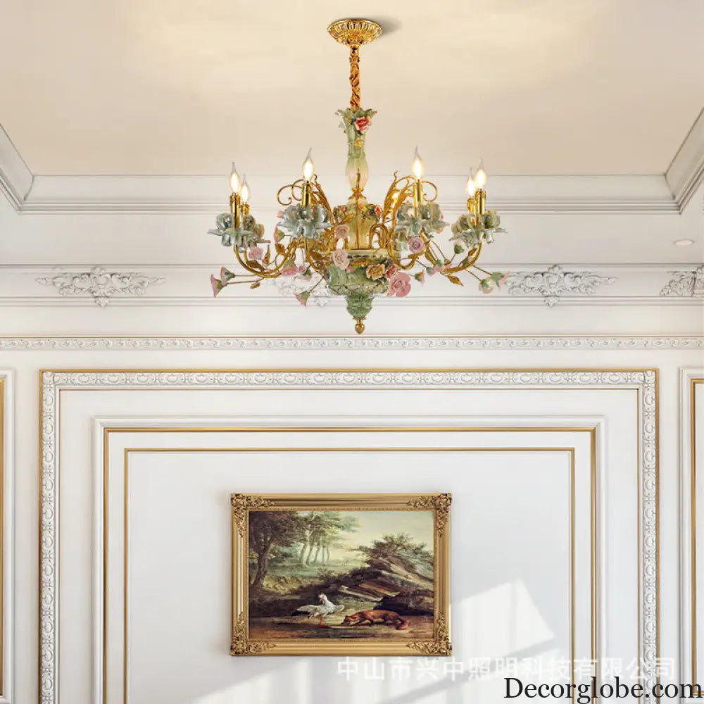 French Pastoral Crystal Ceramic Copper Chandelier