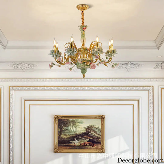 French Pastoral Crystal Ceramic Copper Chandelier