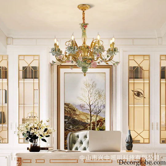 French Pastoral Crystal Ceramic Copper Chandelier