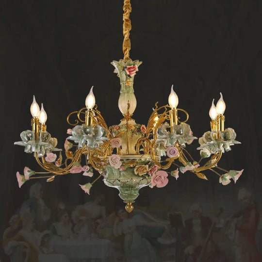 French Pastoral Crystal Ceramic Copper Chandelier