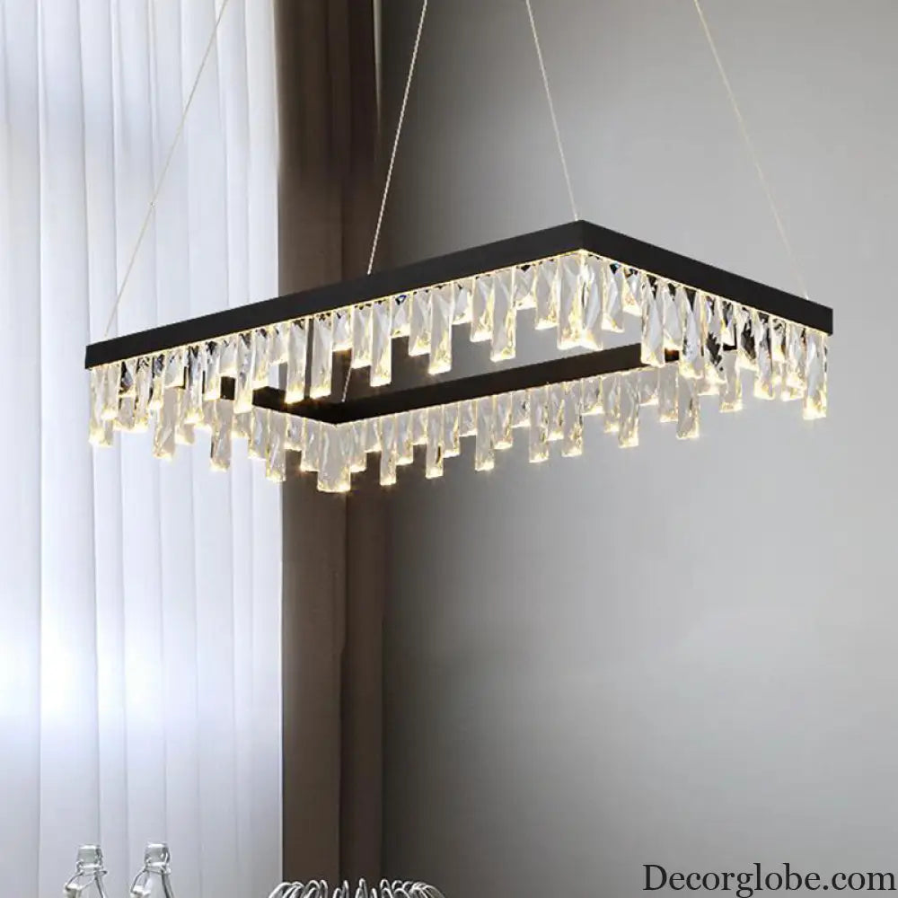 Modern Crystal Block LED Black Chandelier Lighting - Rectangle Hanging Light in 16’’/23.5’’ Width