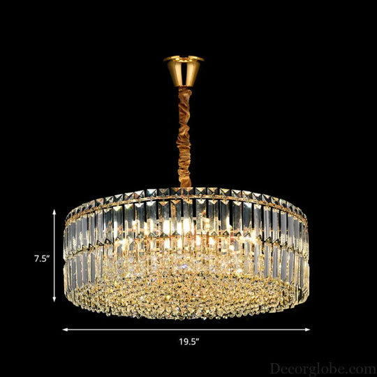 Contemporary Gold Drum Chandelier Light | 6/8 Lights | Rectangular-Cut Crystal | Ceiling Hanging Light 19.5’’/23.5’’