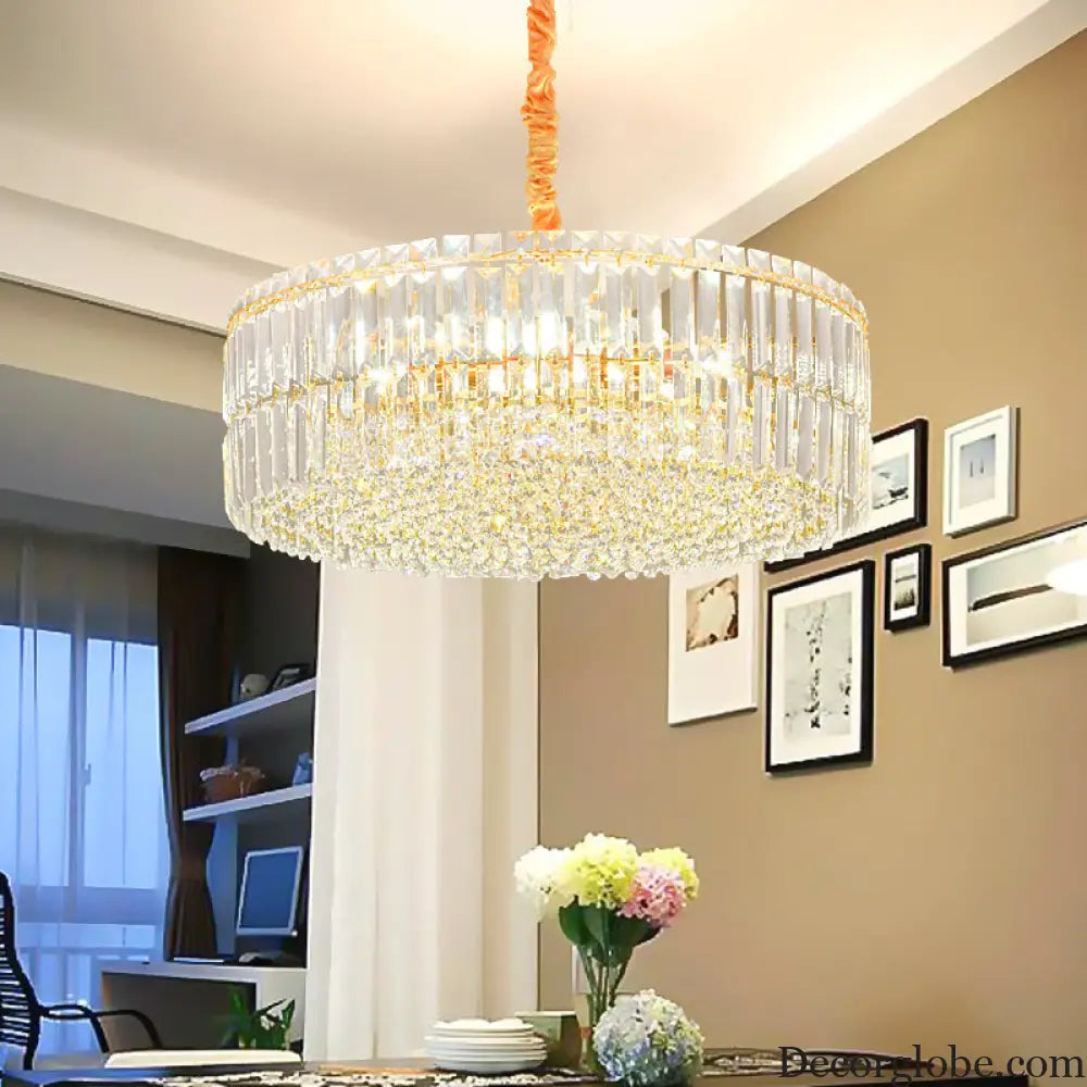 Contemporary Gold Drum Chandelier Light | 6/8 Lights | Rectangular-Cut Crystal | Ceiling Hanging Light 19.5’’/23.5’’