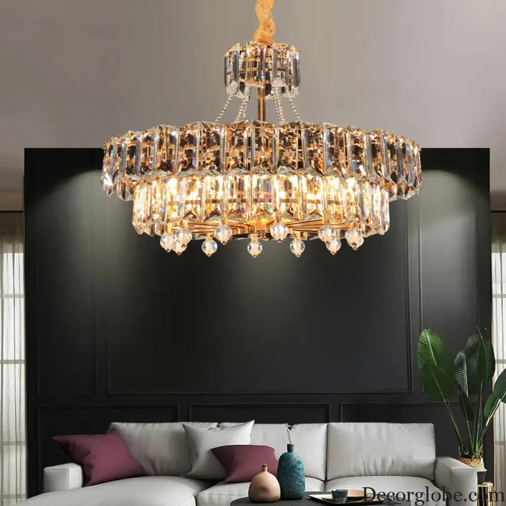 Contemporary LED Crystal Chandelier - Illuminate Your Living Room with Elegant Round and Rectangle Golden Indoor Lighting - DecorGlobe