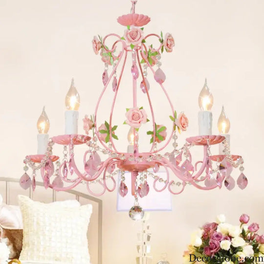Contemporary Pink Ceiling Chandelier - E14 LED Lighting with Crystal, Iron, and Ceramic Accents - DecorGlobe