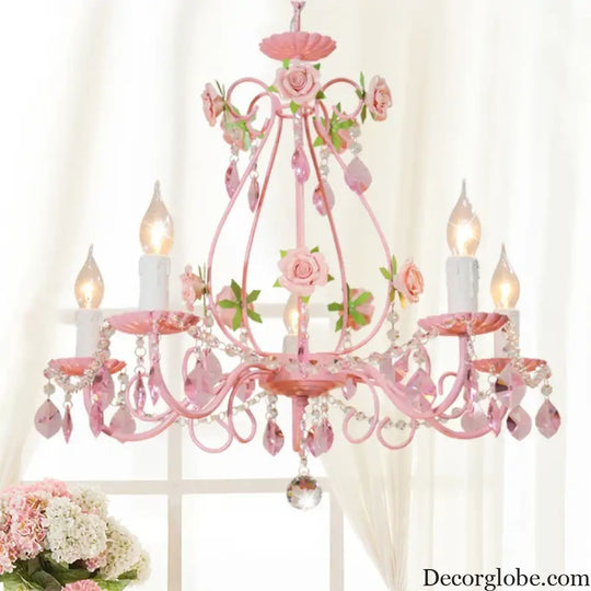 Contemporary Pink Ceiling Chandelier - E14 LED Lighting with Crystal, Iron, and Ceramic Accents - DecorGlobe