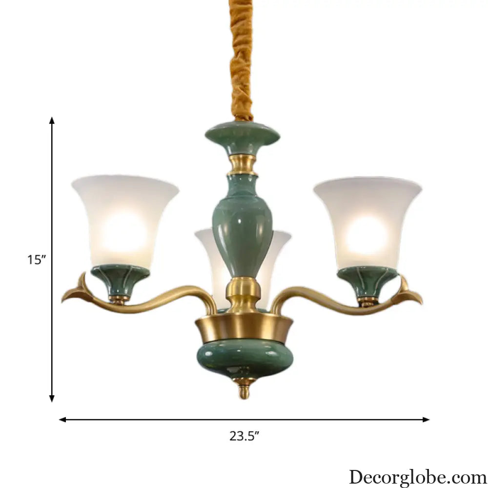 Frosted Glass Suspension Lighting - 3/6 Bulbs Countryside Green Chandelier for Guest Room