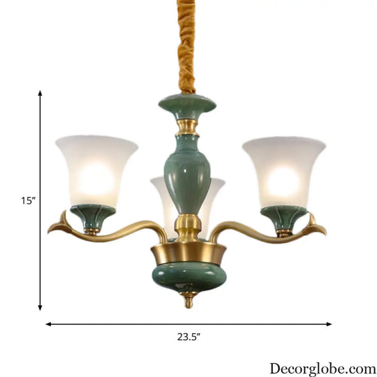 Frosted Glass Suspension Lighting - 3/6 Bulbs Countryside Green Chandelier for Guest Room