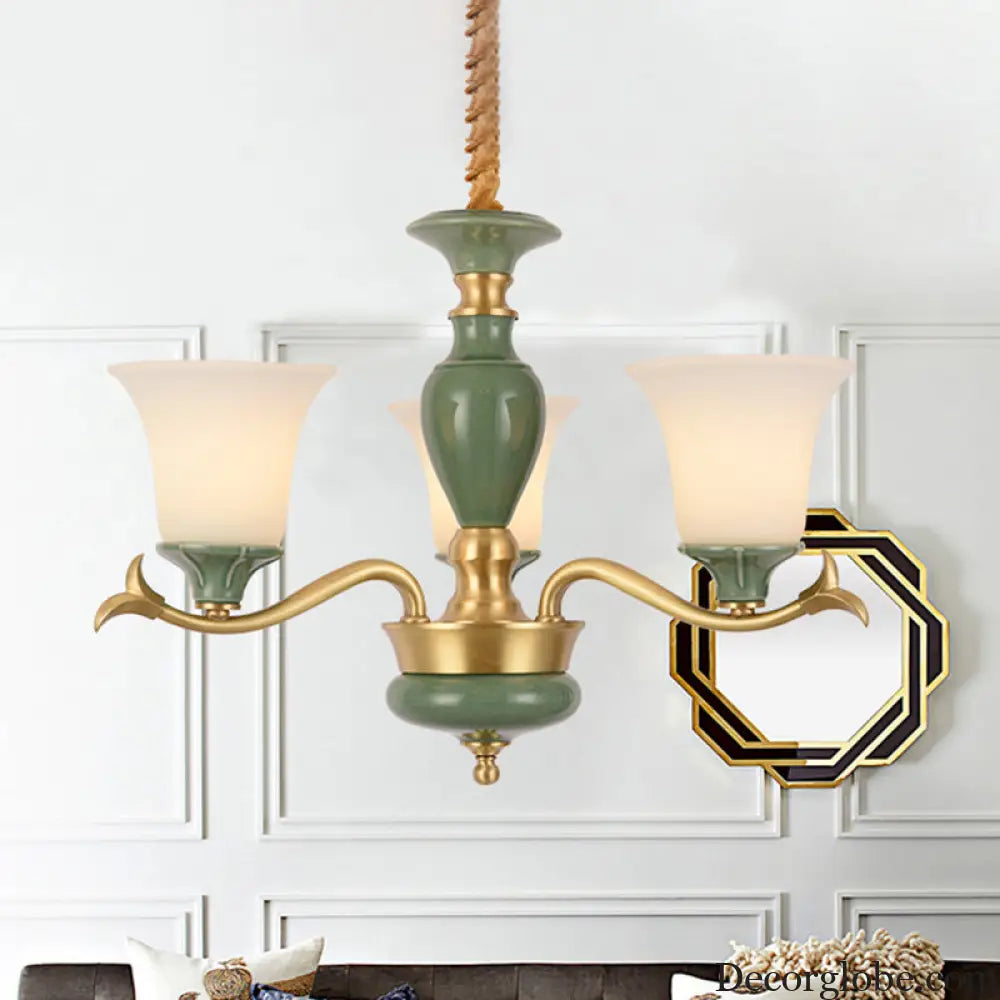 Frosted Glass Suspension Lighting - 3/6 Bulbs Countryside Green Chandelier for Guest Room