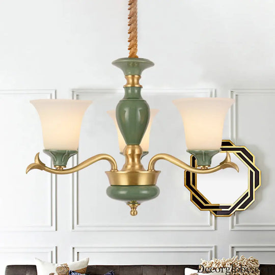 Frosted Glass Suspension Lighting - 3/6 Bulbs Countryside Green Chandelier for Guest Room