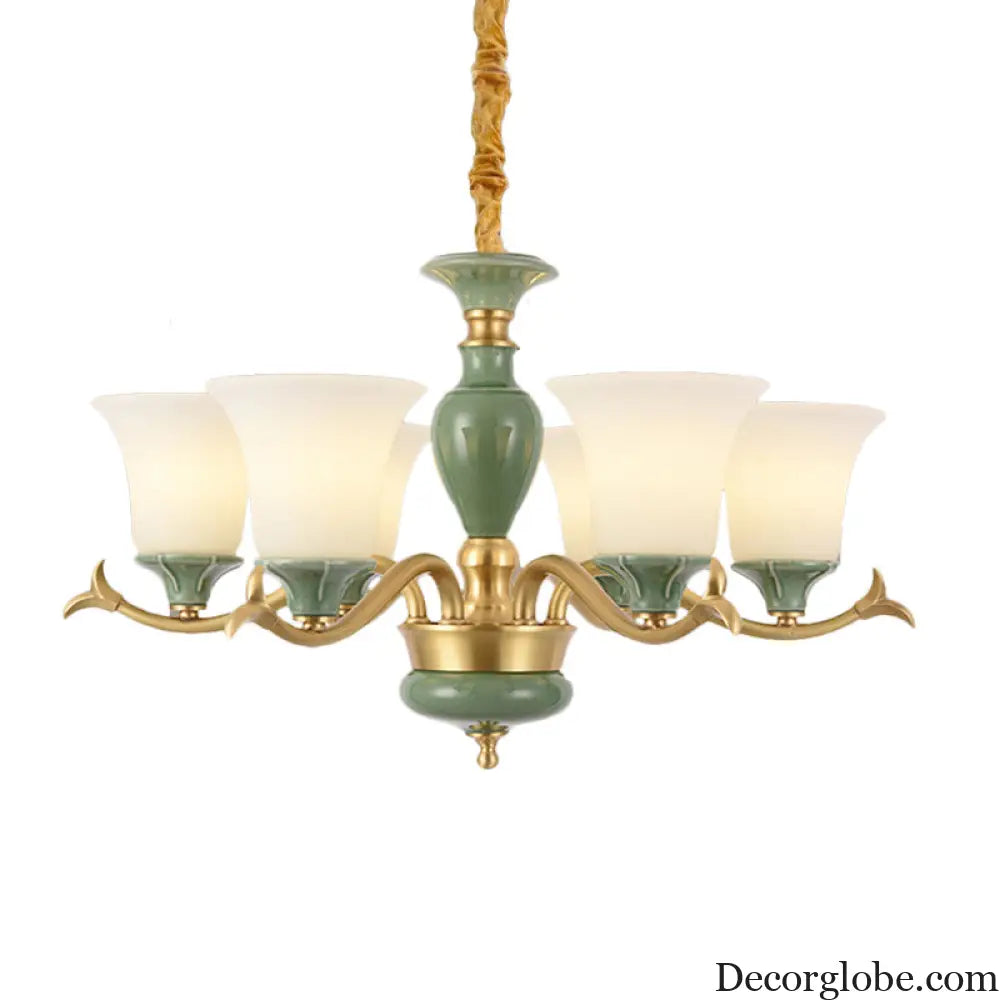 Frosted Glass Suspension Lighting - 3/6 Bulbs Countryside Green Chandelier for Guest Room