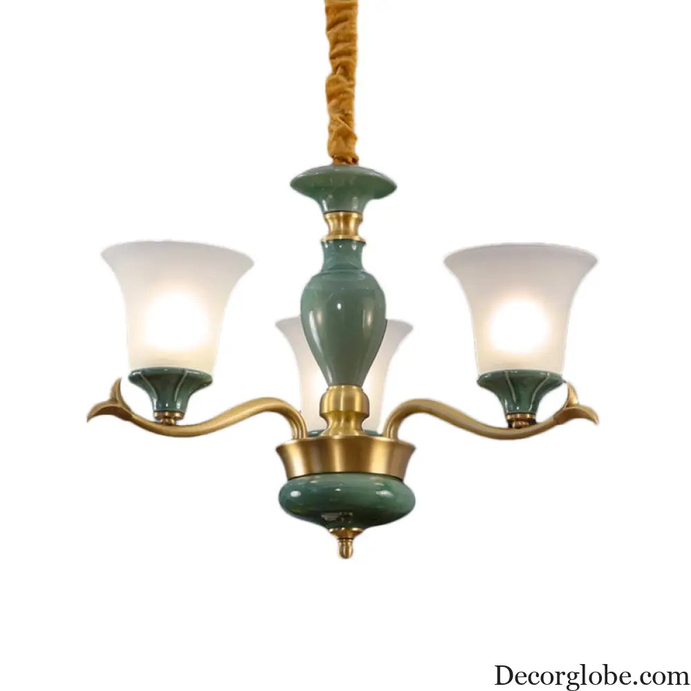 Frosted Glass Suspension Lighting - 3/6 Bulbs Countryside Green Chandelier for Guest Room