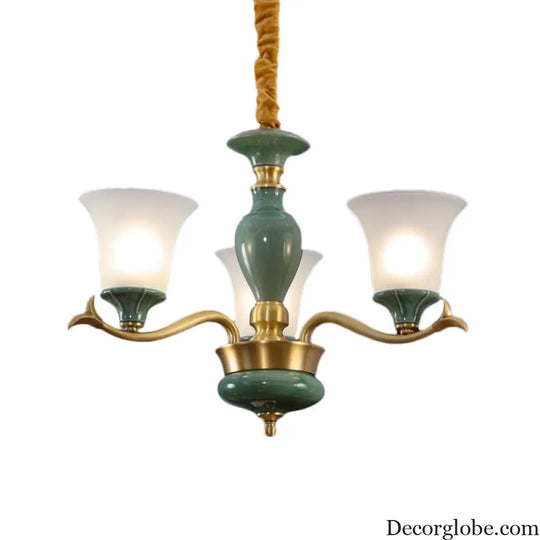 Frosted Glass Suspension Lighting - 3/6 Bulbs Countryside Green Chandelier for Guest Room