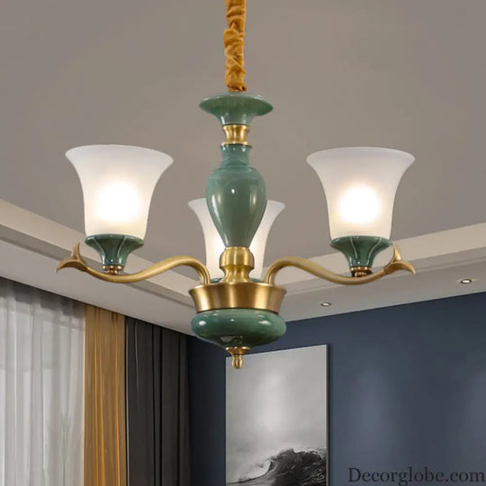 Frosted Glass Suspension Lighting - 3/6 Bulbs Countryside Green Chandelier for Guest Room