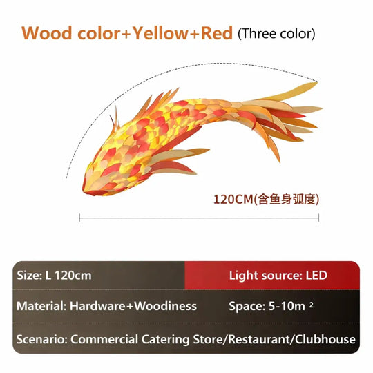 Decorative Fish Shaped Chandelier Pendant Light for Restaurant & Cafe Interiors | 120cm / Red color / white light