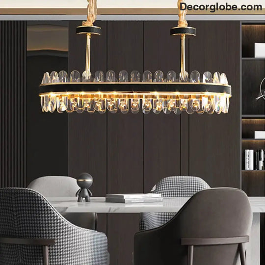 Dimmable LED Crystal Oval Ceiling Chandeliers - Black Leather Luxury Lustres for Dining Room Decor - DecorGlobe