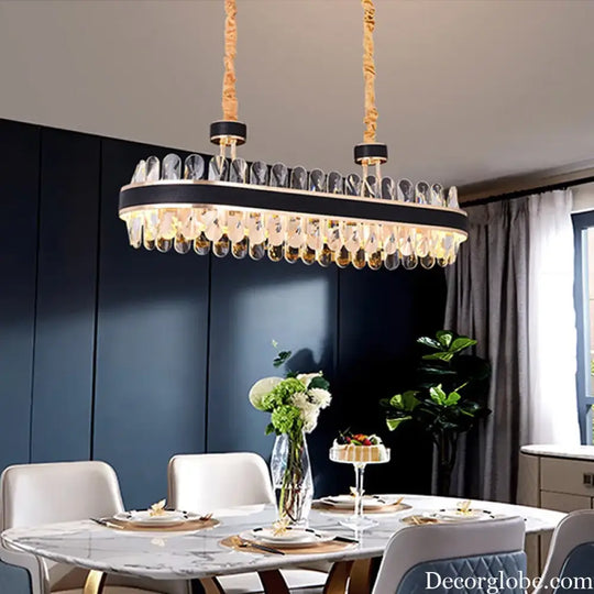 Dimmable LED Crystal Oval Ceiling Chandeliers - Black Leather Luxury Lustres for Dining Room Decor - DecorGlobe