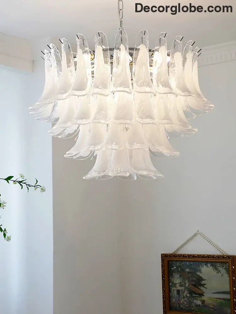 Elara White Petal Glass LED Chandelier for Staircase & Villa Décor - DecorGlobe