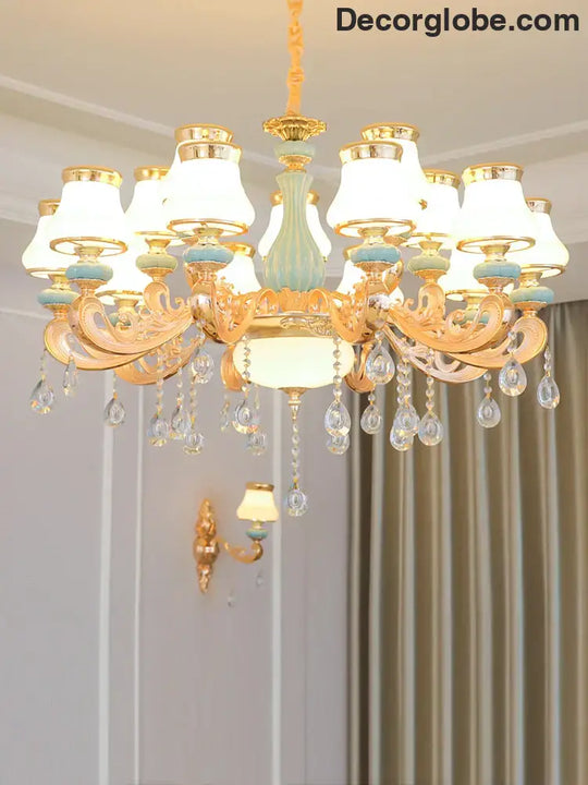 Elegant Blue Ceramic European Crystal Chandelier - Perfect for Living Rooms, Dining Rooms, and Bedrooms - DecorGlobe