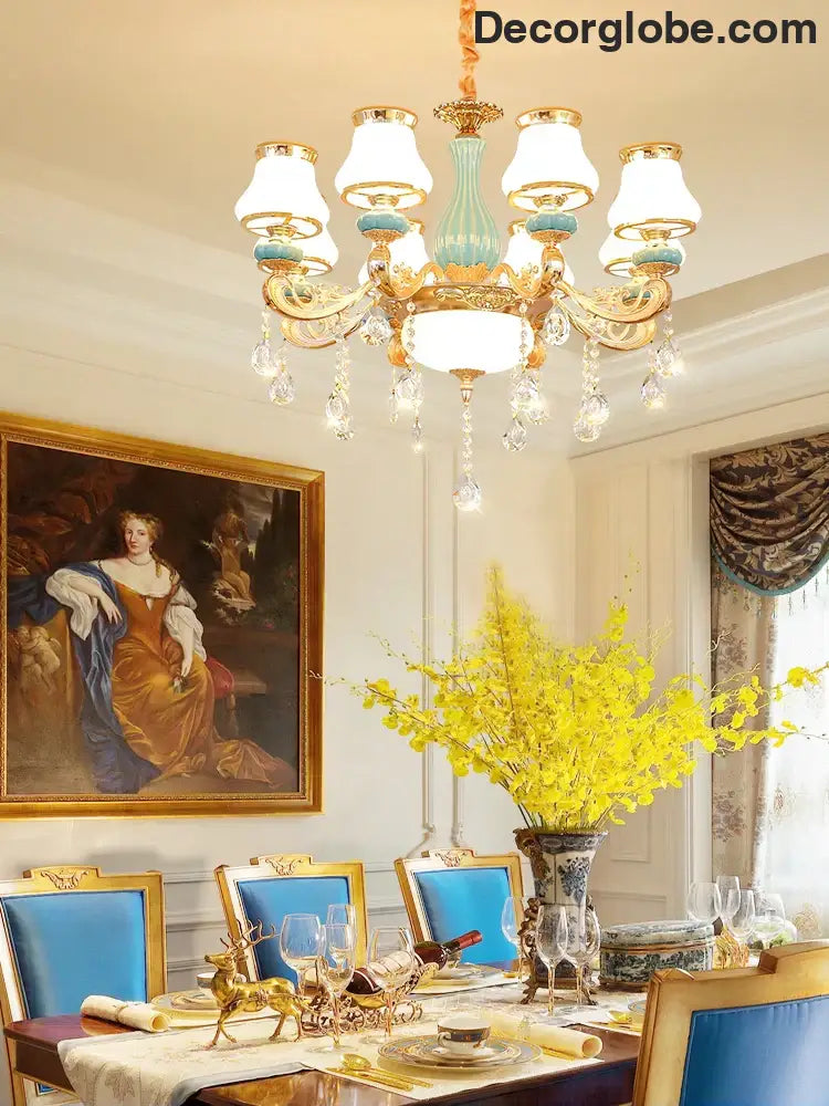 Elegant Blue Ceramic European Crystal Chandelier - Perfect for Living Rooms, Dining Rooms, and Bedrooms - DecorGlobe