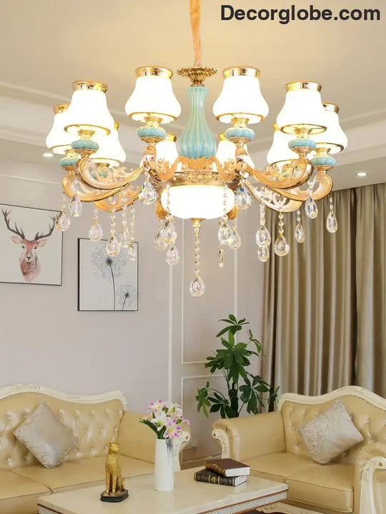 Elegant Blue Ceramic European Crystal Chandelier - Perfect for Living Rooms, Dining Rooms, and Bedrooms - DecorGlobe