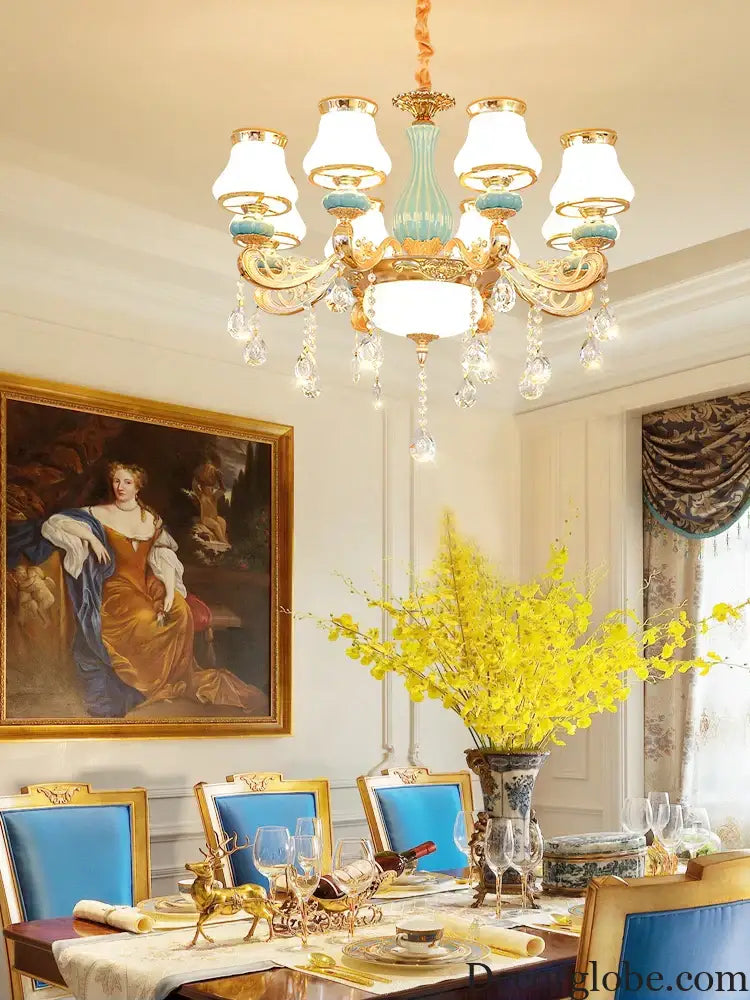 Elegant Blue Ceramic European Crystal Chandelier - Perfect for Living Rooms, Dining Rooms, and Bedrooms - DecorGlobe