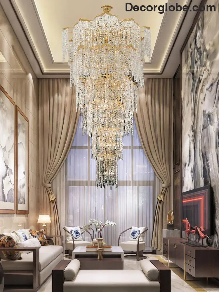 Elegant Golden Art Staircase Grand Chandelier - Luxury Crystal Illumination for Villa Halls with High Ceilings - DecorGlobe
