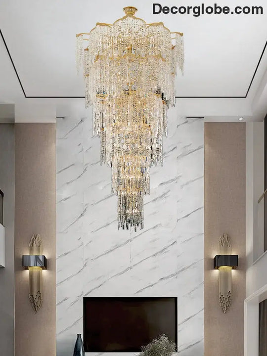 Elegant Golden Art Staircase Grand Chandelier - Luxury Crystal Illumination for Villa Halls with High Ceilings - DecorGlobe