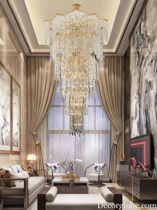 Elegant Golden Art Staircase Grand Chandelier - Luxury Crystal Illumination for Villa Halls with High Ceilings - DecorGlobe