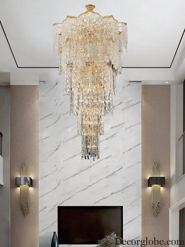 Elegant Golden Art Staircase Grand Chandelier - Luxury Crystal Illumination for Villa Halls with High Ceilings - DecorGlobe