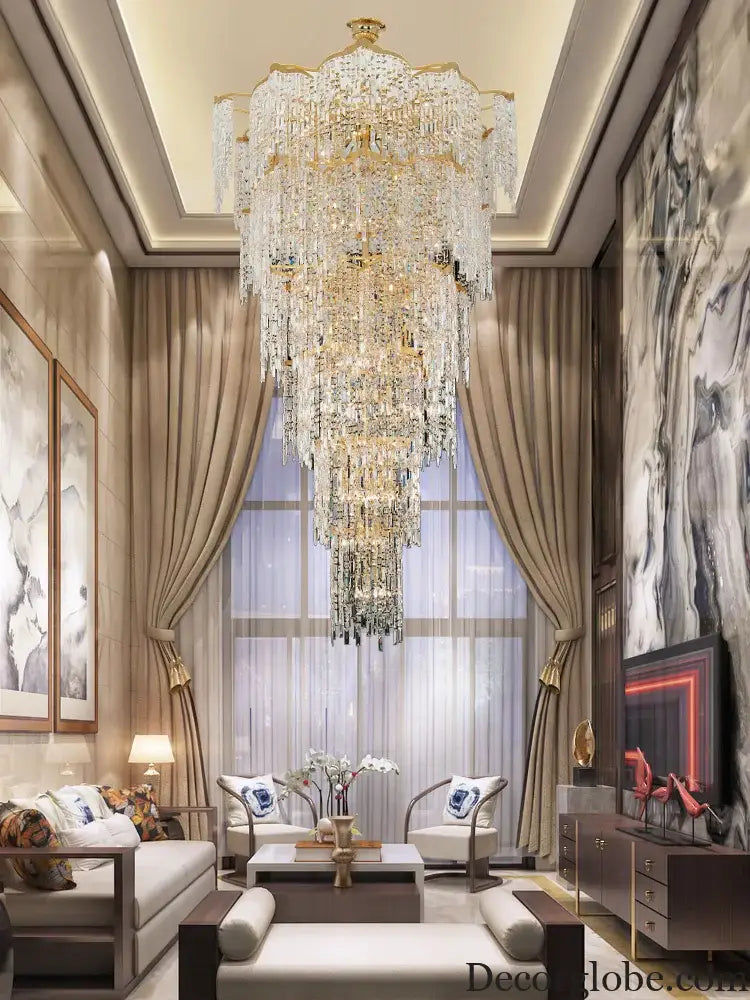 Elegant Golden Art Staircase Grand Chandelier - Luxury Crystal Illumination for Villa Halls with High Ceilings - DecorGlobe