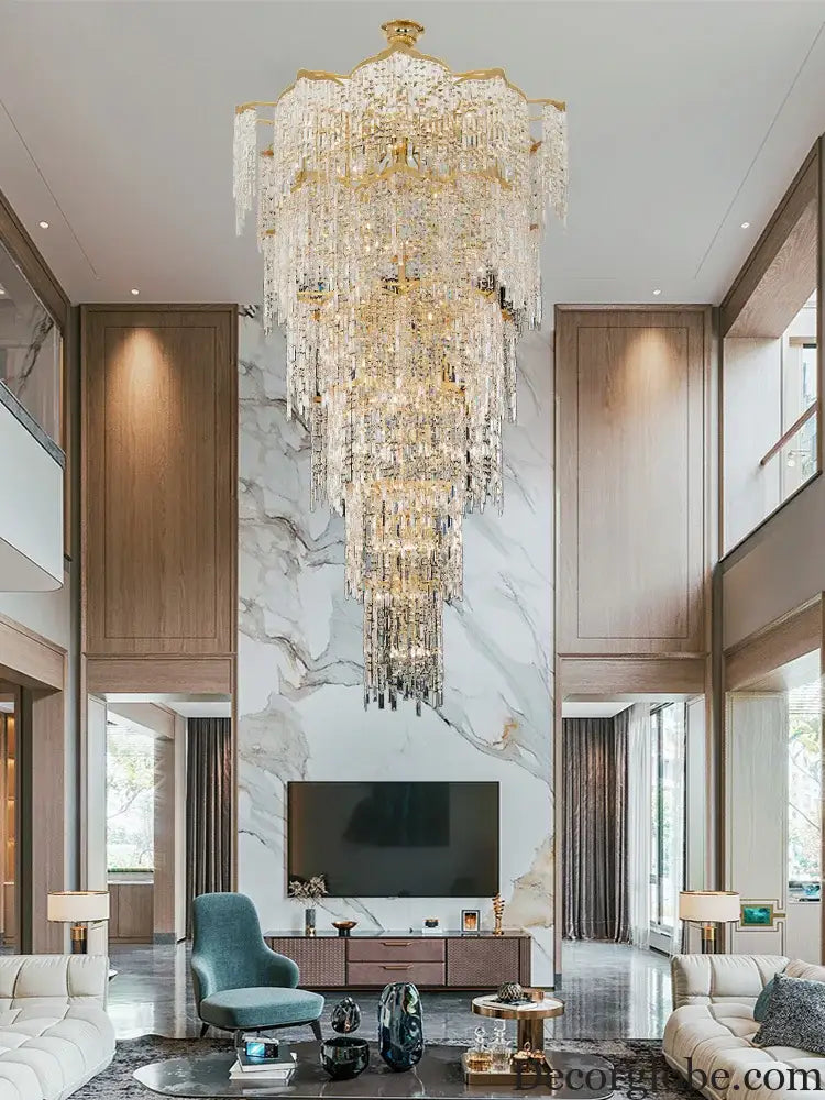 Elegant Golden Art Staircase Grand Chandelier - Luxury Crystal Illumination for Villa Halls with High Ceilings - DecorGlobe