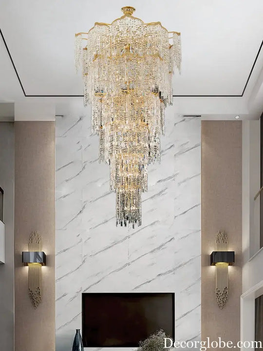 Elegant Golden Art Staircase Grand Chandelier - Luxury Crystal Illumination for Villa Halls with High Ceilings - DecorGlobe