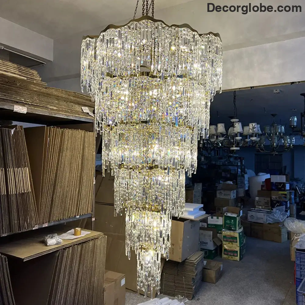 Elegant Golden Art Staircase Grand Chandelier - Luxury Crystal Illumination for Villa Halls with High Ceilings - DecorGlobe