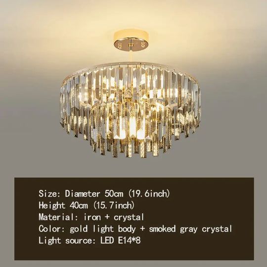 Elegant Modern Crystal Gold Chandelier - Round Smoked Gray Crystal Design - Perfect for Luxury Living Rooms and Bedrooms - DecorGlobe